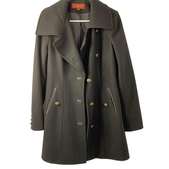 7 for all Mankind Wool Pea coat Black Leather Trim Size Small Button 6629 - Picture 9 of 12
